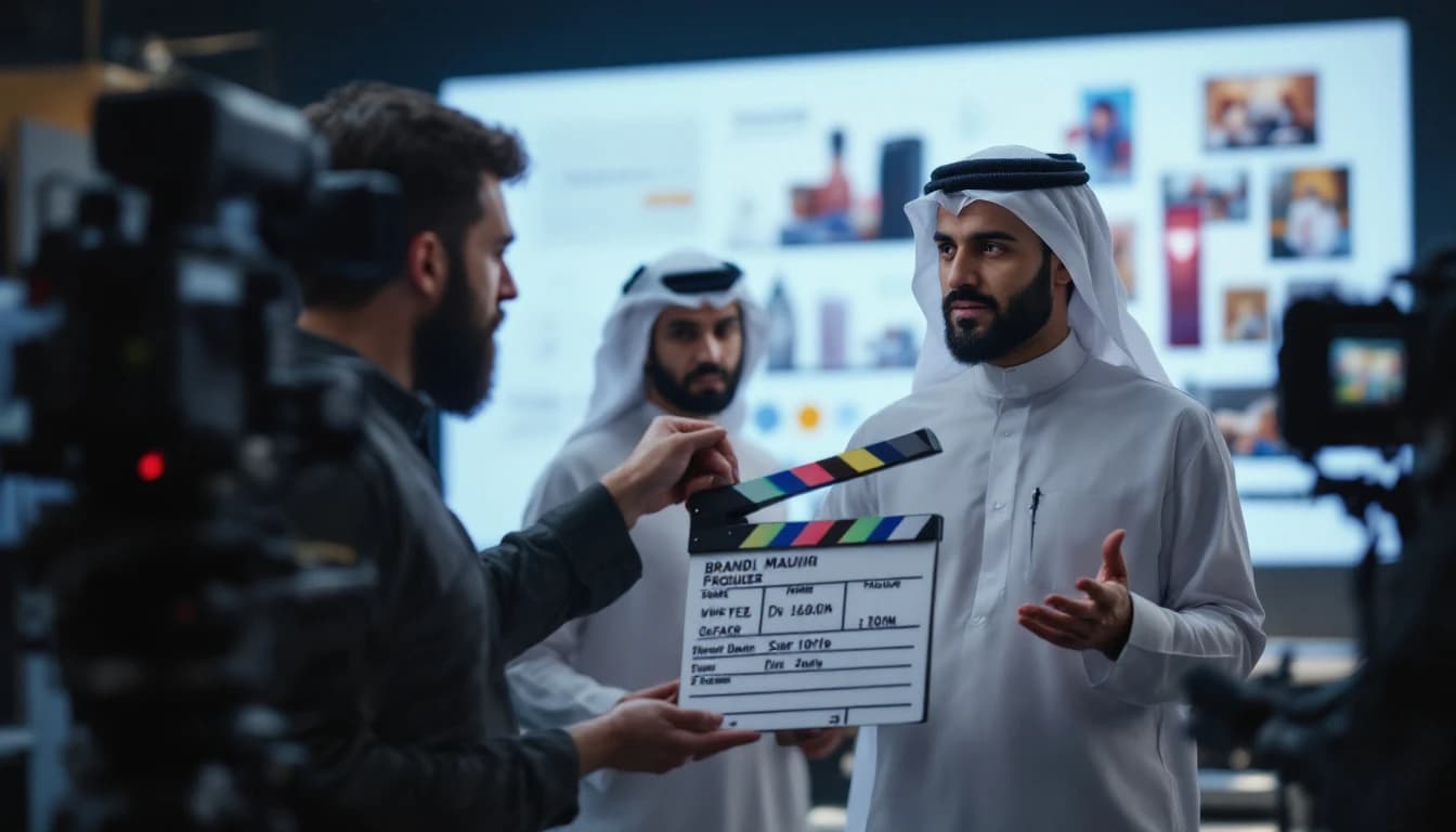 A film crew on a Saudi commercial set — a director gestures toward a branded product display while a camera operator adjusts a shoulder-mounted camera, with a clapperboard held mid-frame by a third crew member's hand and studio monitors visible in the background.
